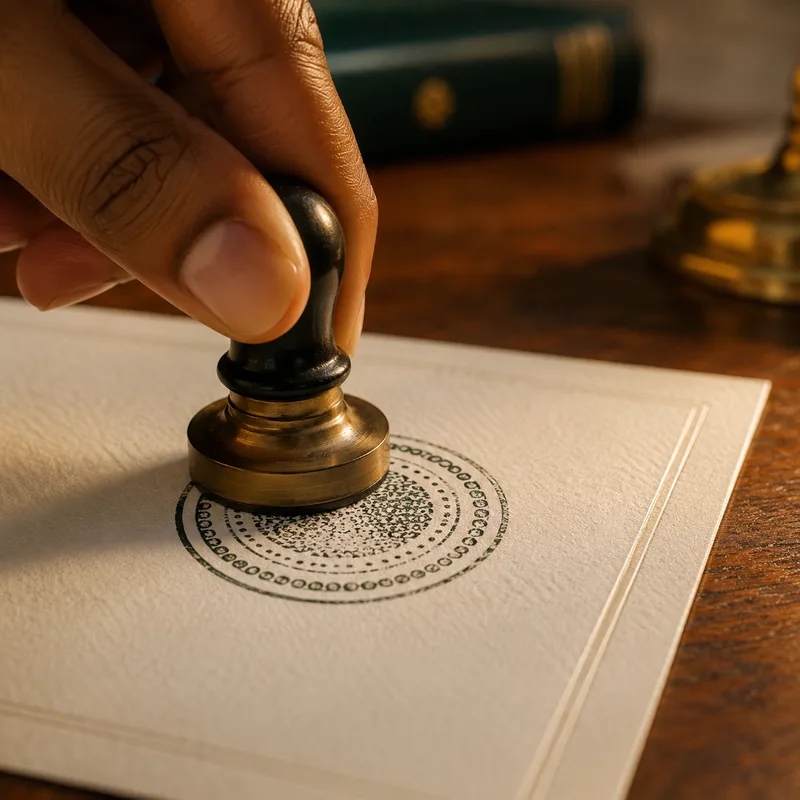 Apposition du cachet officiel d'un traducteur agréé sur un document traduit, à Dakar.