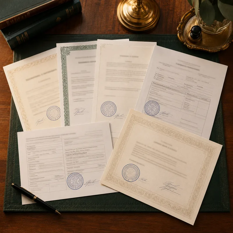 Documents officiels traduits et empilés sur un bureau de traduction assermentée, à Dakar.
