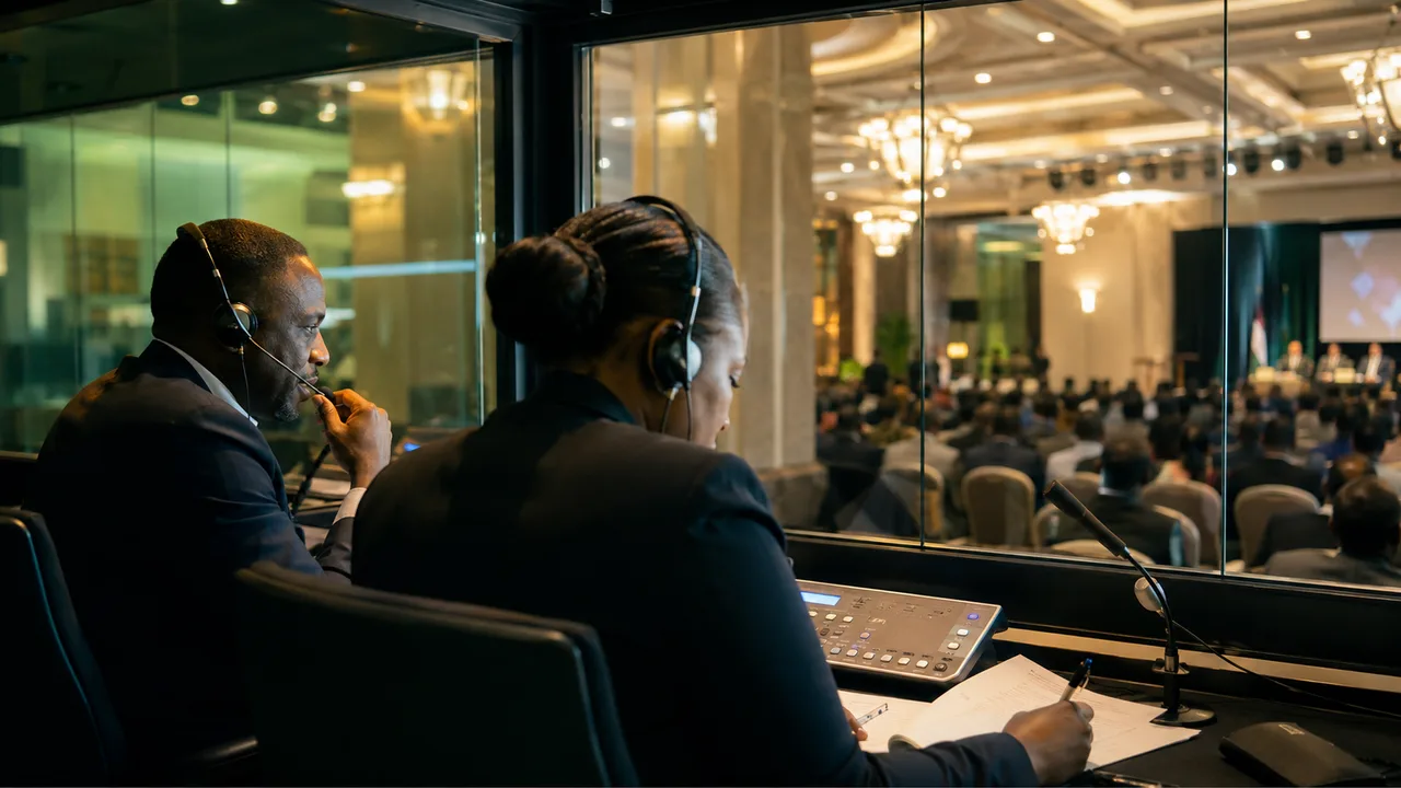 Cabine d'interprétation simultanée lors d'une conférence à Dakar.