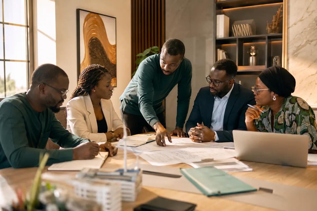 Réunion d'affaires autour de documents techniques traduits en anglais, à Dakar.