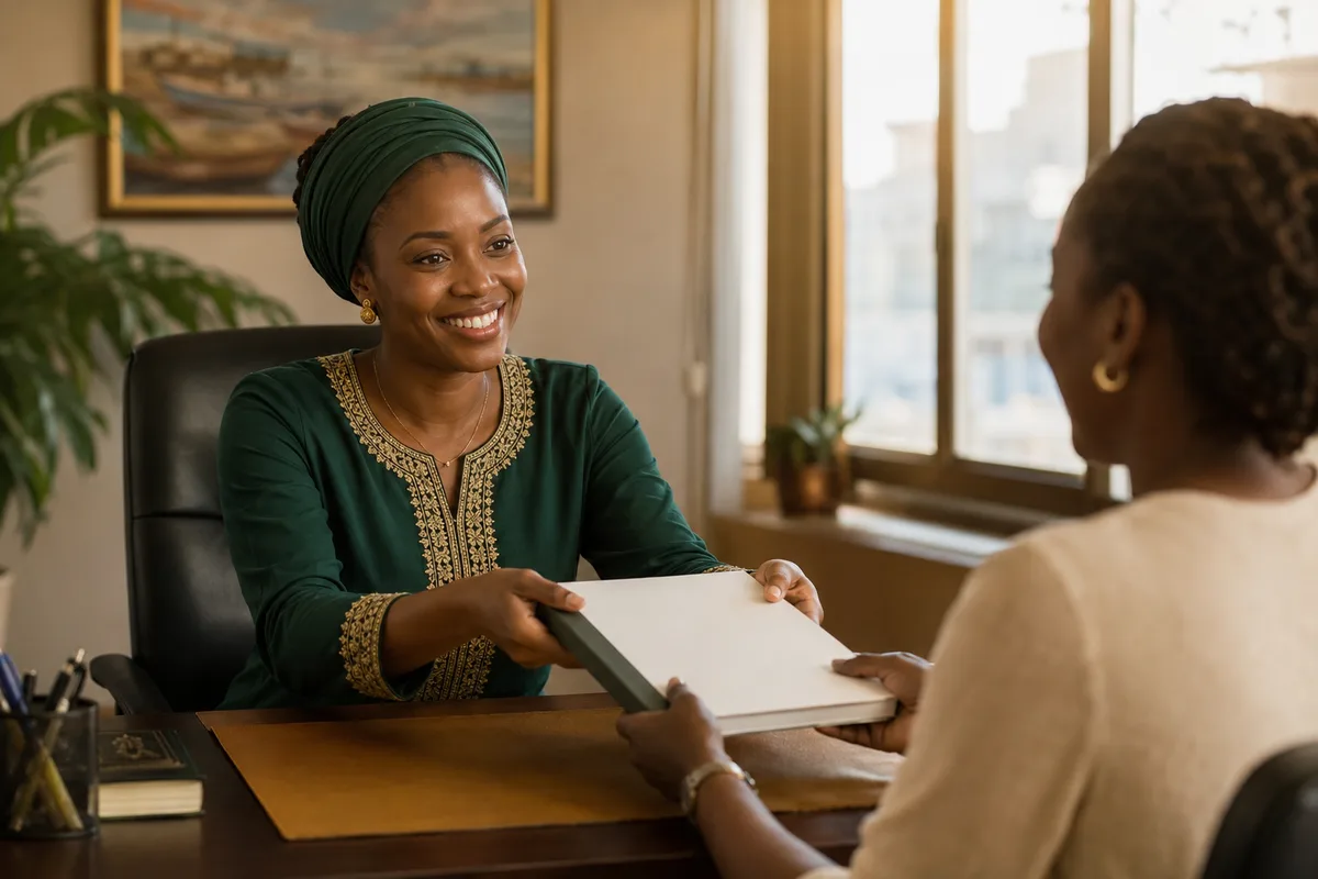 Une conseillère SénéTrad remet une traduction certifiée à une cliente dans le bureau du cabinet, à Dakar.